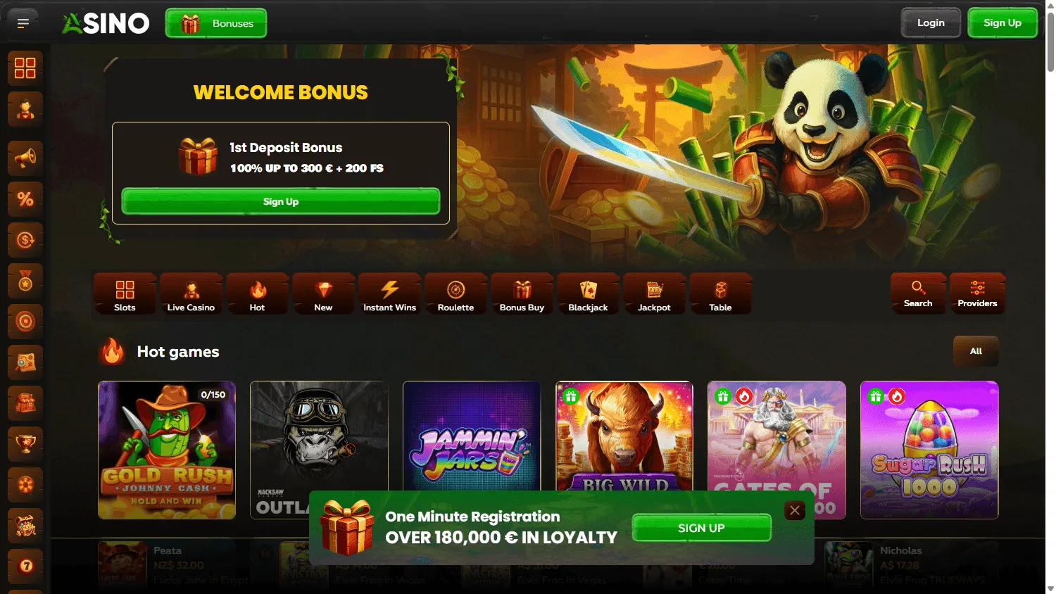 Asino Casino desktop home experience with casino offers and navigation