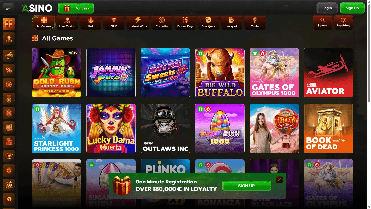 Asino Casino desktop games area with pokies and casino categories
