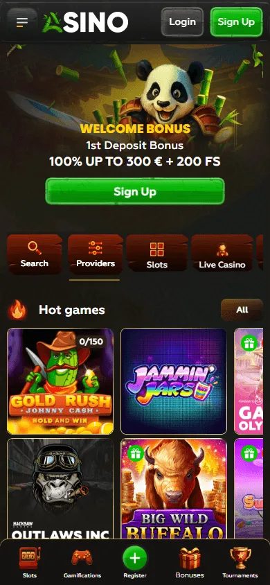 Asino Casino mobile home experience with casino features