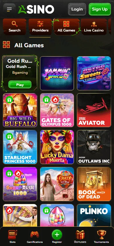 Asino Casino mobile games area with pokies and live casino categories