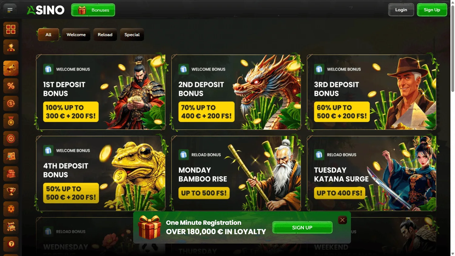 Asino Casino desktop promotions area with welcome and recurring offers