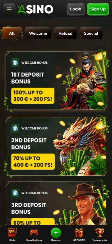 Asino Casino mobile promotions area with bonus offers